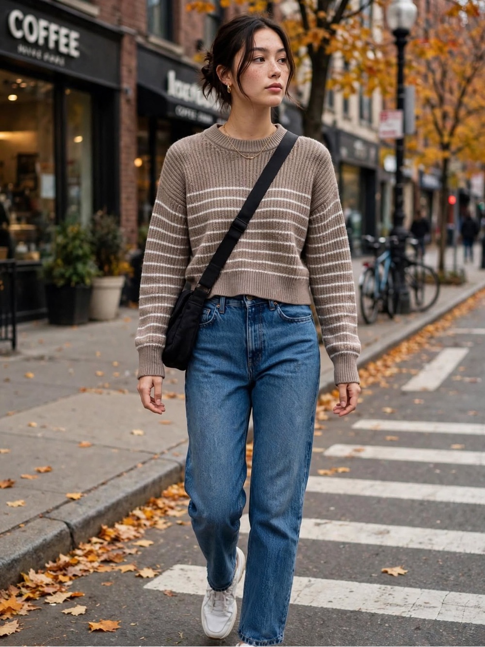 Aritzia Taupe Striped Crewneck Sweater—Fall Fashion Sweater
